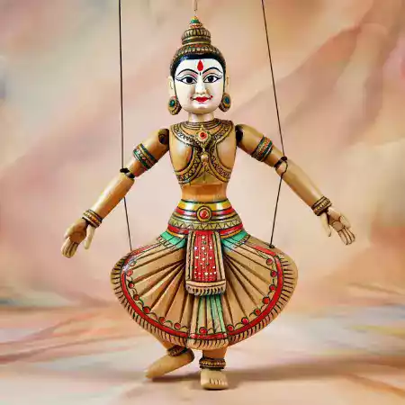 Traditional Rajasthani wooden marionette with hand-painted costume created by WoodenTales artisans in Udaipur workshop using sheesham wood
