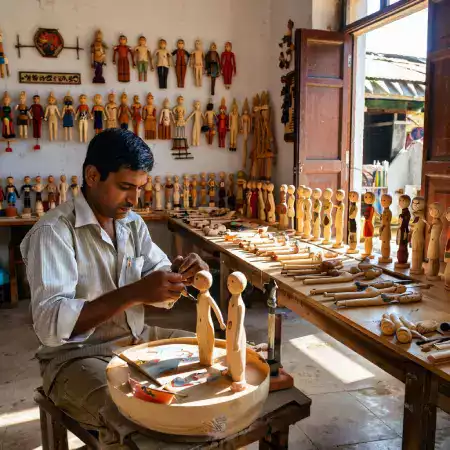 Apprentice carver Aditya Sharma who started training in October 2024 after graduating from Udaipur Government Arts College learning head carving joint assembly