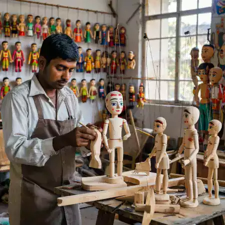 Puppetry training session at WoodenTales workshop with students learning kathputli string control techniques from master craftsman Raghunandan Bhattacharya in Udaipur Rajasthan