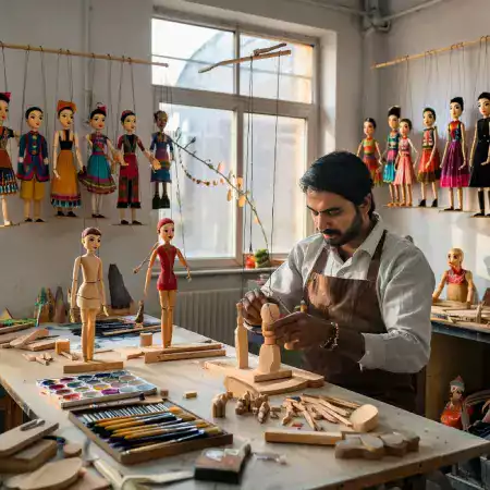 Senior painter Suresh Kumar Meena specializing in miniature detail painting facial features and jewelry work on Mughal-era puppets with fifteen years workshop experience