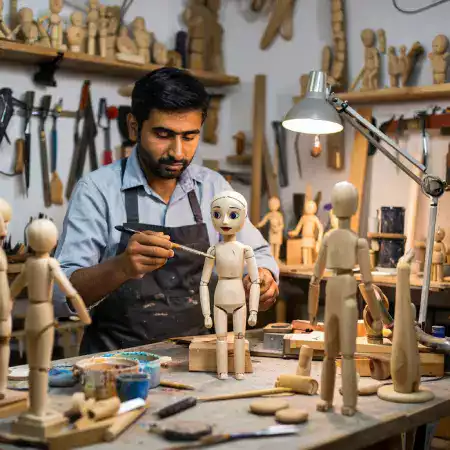 Master craftsman Raghunandan Bhattacharya workshop owner with twenty-eight years experience creating over eight hundred marionettes training all apprentices at WoodenTales Udaipur