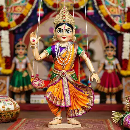 Handcrafted kathputli string puppet with detailed facial features painted by Suresh Kumar Meena senior painter at Bhattacharya family workshop