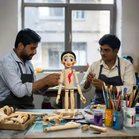 Master craftsman Raghunandan Bhattacharya carving detailed facial features on wooden marionette head using traditional hand tools at WoodenTales workshop