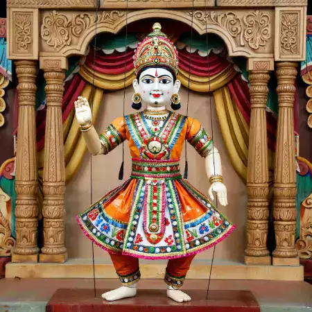 Traditional Indian marionette character with hand-sewn fabric costume authentic jewelry details created using three-generation family techniques passed down since 1987