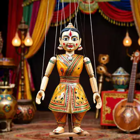 Carved wooden animal character marionette with ball-and-socket movable joints created for children's educational theater programs in Rajasthan Gujarat schools