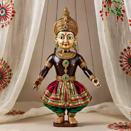 Colorful Rajasthani folk dancer marionette with embroidered vest pleated dhoti pants and traditional turban hand-painted by WoodenTales artisans