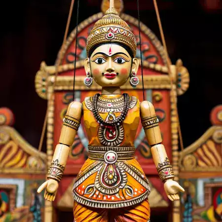 Premium Mughal emperor marionette with gold leaf accents silk-style robes and historically accurate turban design from 16th century court paintings