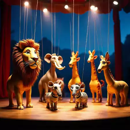 Carved wooden elephant marionette with decorative howdah saddle and movable trunk created from sheesham wood for children's theater performances