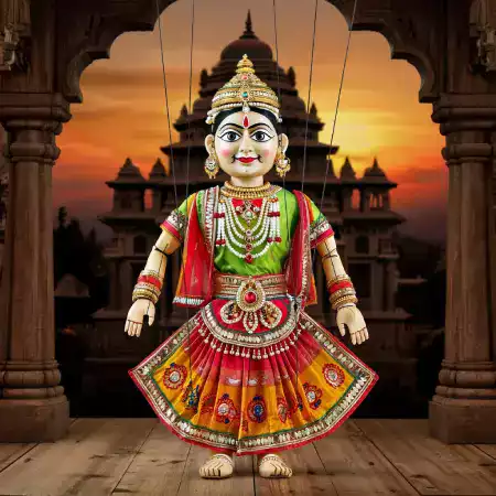 Wooden character marionette with eleven-string professional control bar hand-carved from premium aged sheesham wood sourced from sustainable Rajasthan forestry cooperatives