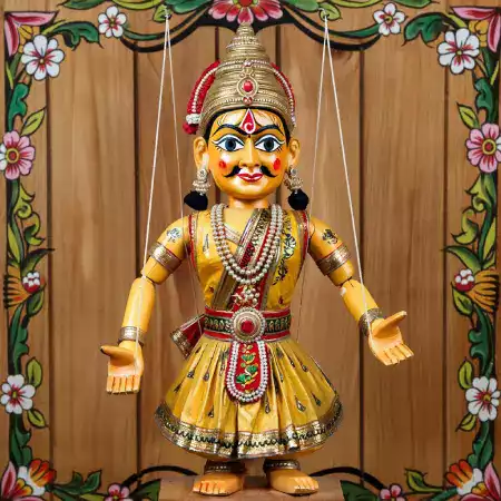 Indian traditional marionette puppet featuring authentic historical costume details researched from Rajasthan cultural archives and museum textile collections by WoodenTales design team